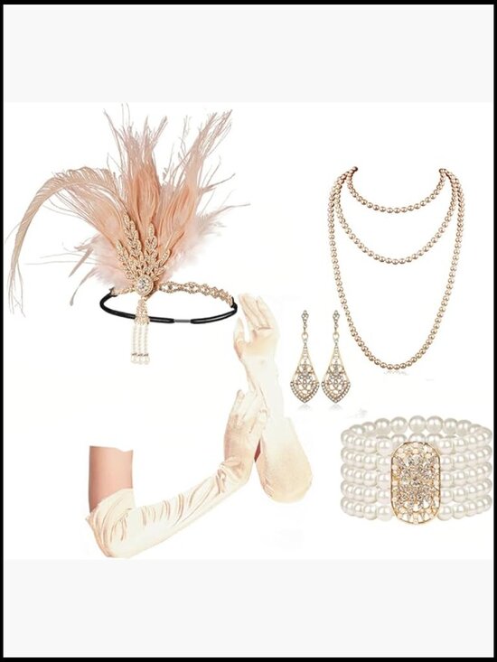 Flapper Accessory Set Great Gatsby Costume Headband Necklace Gloves Earrings main image 4